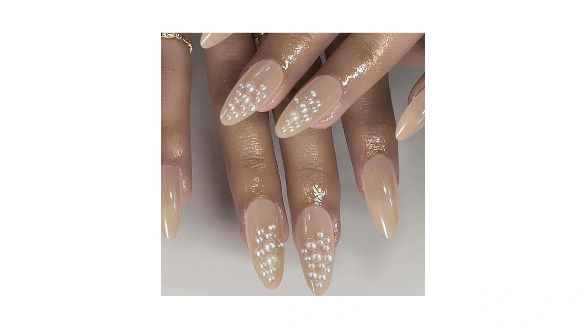 Iqxge Acrylic Press On Nails Almond Medium Nude Glossy False