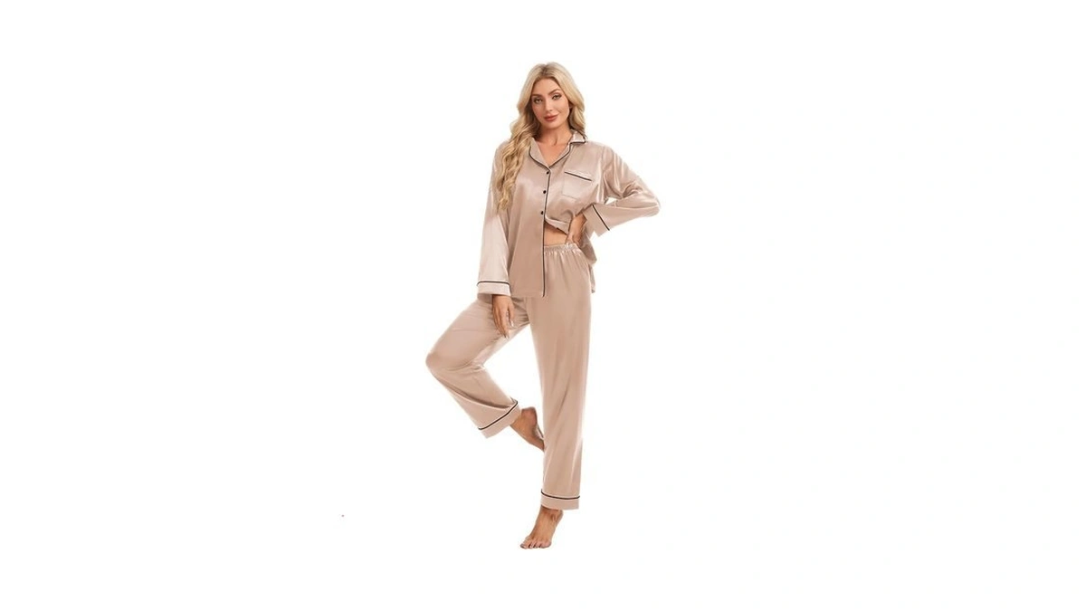 Devirld Women's Classic Long Sleeve Satin Pajamas Set Button Down