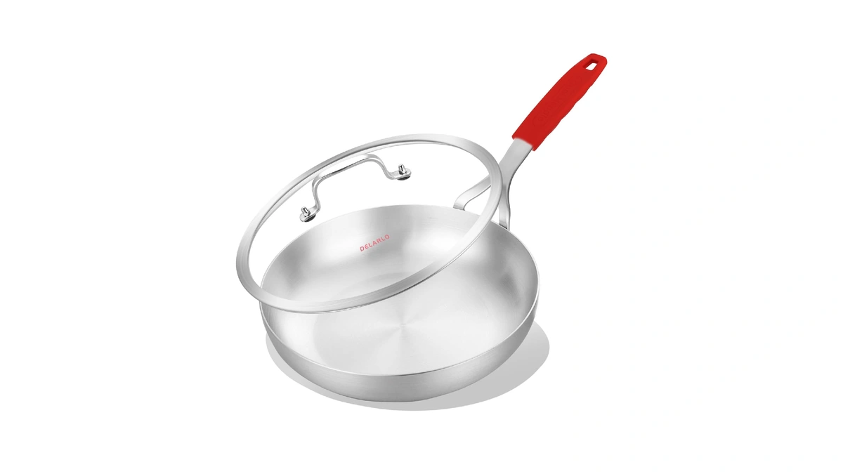 Delarlo 10inch Tri-ply Stainless Steel Pan With Lid, Induction Stainless