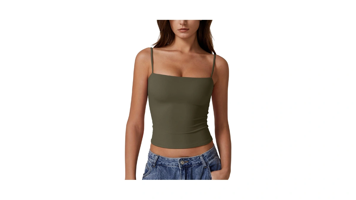 Qinsen Women's Double Lined Basic Tank Top Adjustable Spaghetti Straps