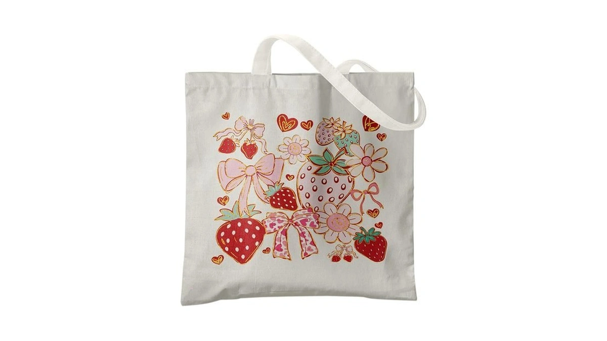 Veqzc Coquette Strawberry Tote Bag, Preppy Pink Bow Strawberries Canvas