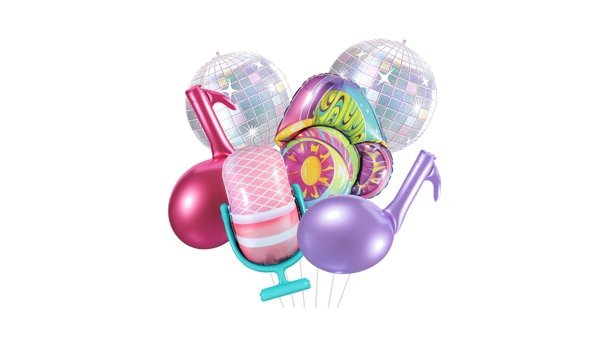 6 Pcs Pink Purple Music Note Balloons, Huge Iridescent Disco