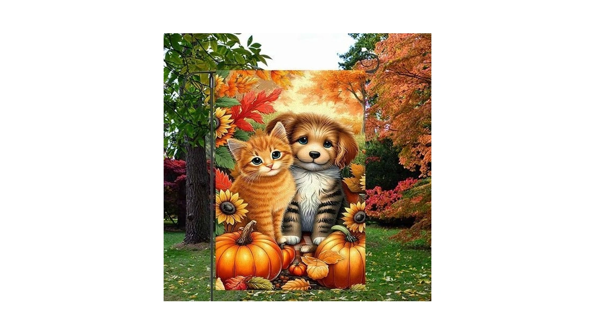 Mddgkh- Cute Cat Dog Garden Flag 12x18 Inch Autumn Leaves