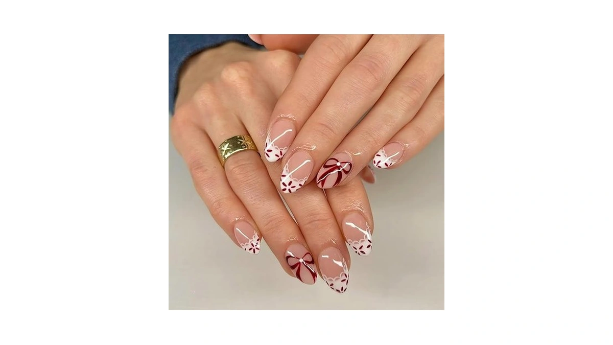 30pcs Flower French Press On Nails Medium Almond Fake Nails