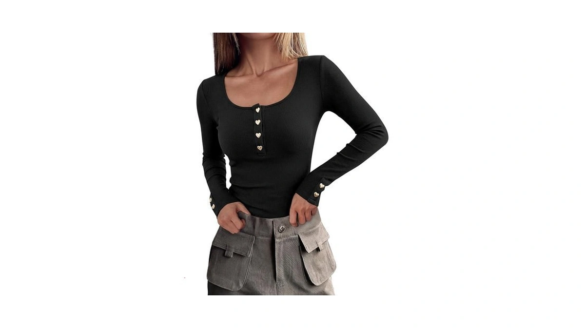 Okiwam Long Sleeve Tops Scoop Neck Button Up Henley T