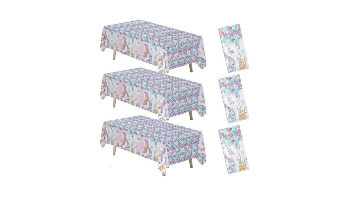 Xigejob Mermaid Birthday Decorations Tablecloth, 3 Pcs Disposable Ocean Theme