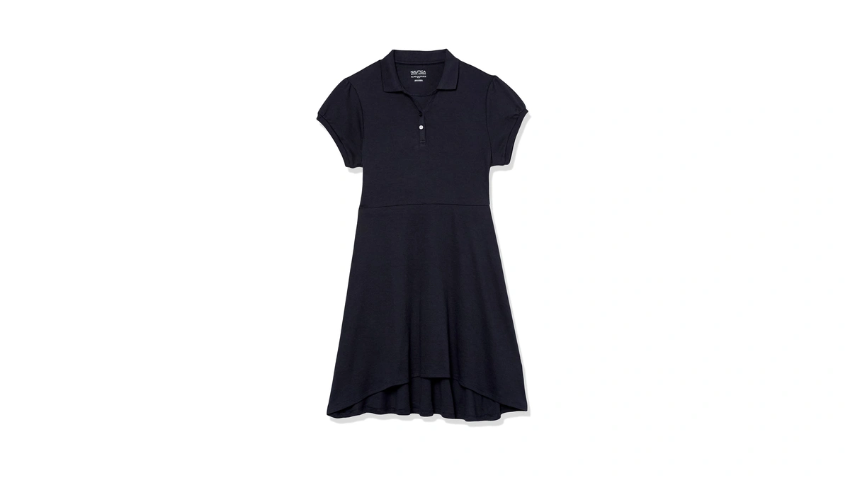 Nautica Girls' School Uniform Short Sleeve Polo Dress, Navy/high-low, 16-18