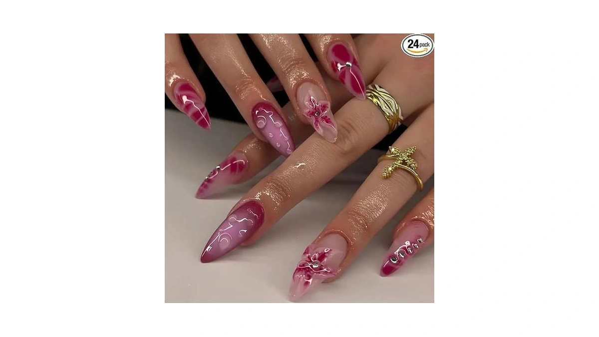 Yosommk Red Press On Nails Medium Glossy Almond Fake Nails