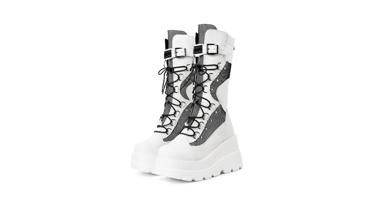 Mikarka Womens Holographic Platform Mid Calf Combat Boots Lace Up