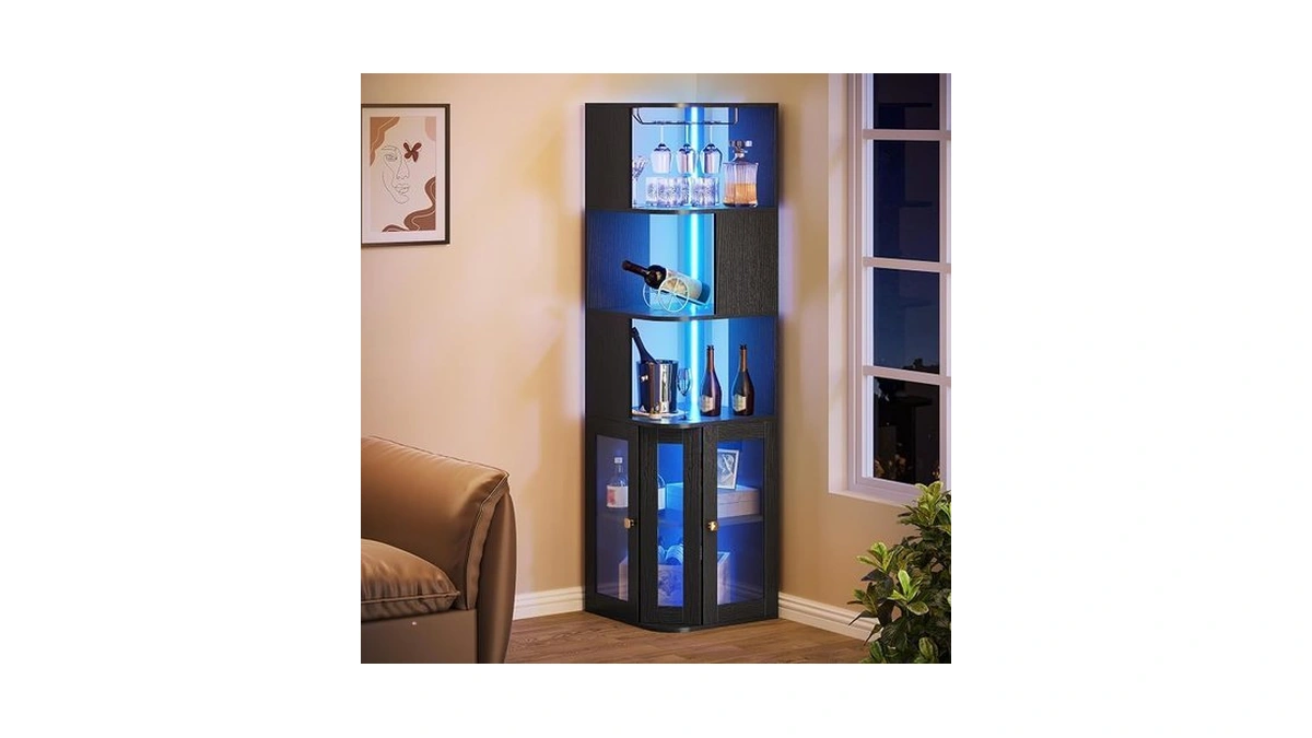 Yitahome Corner Wine Cabinet With Led Lights & Glass Holder,