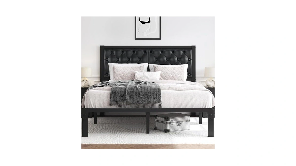 Hisoft Queen Bed Frame With Upholstered Button Tufted Headboard, Bed