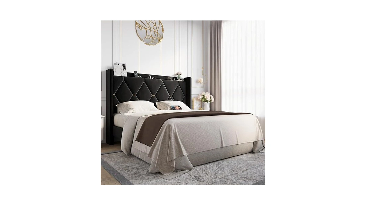 Allewie Velvet Queen Upholstered Bed Frame With Wingback Storage Headboard