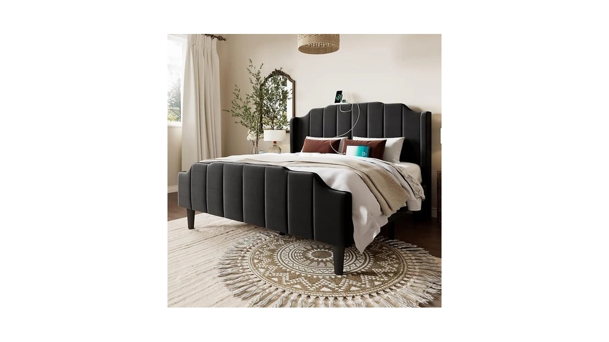 Allewie Vintage Queen Size Velvet Platform Bed Frame With Curved