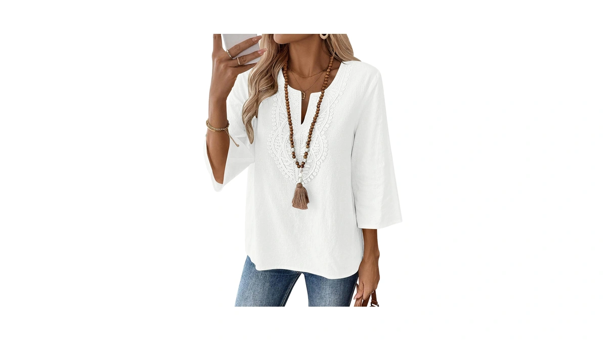 Lomon 3/4 Length Sleeve Womens Tops Casual Cotton Linen V