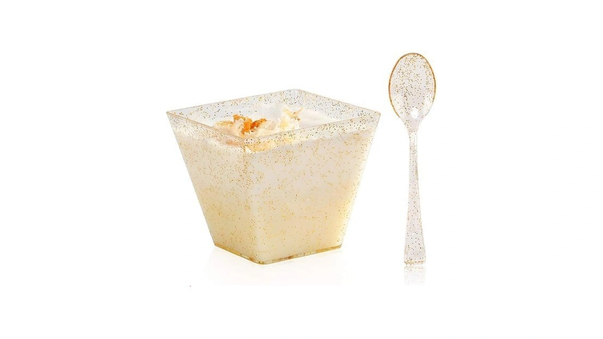 Bucla 100pack Square Small Dessert Cups-3oz Disposable Gold Glitter Plastic
