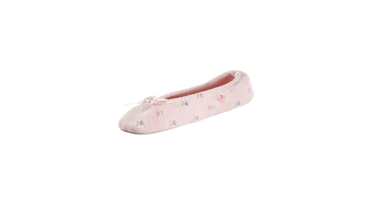 Isotoner Women's Embroidered Plush Terry Ballerina Slippers , Pink Soft