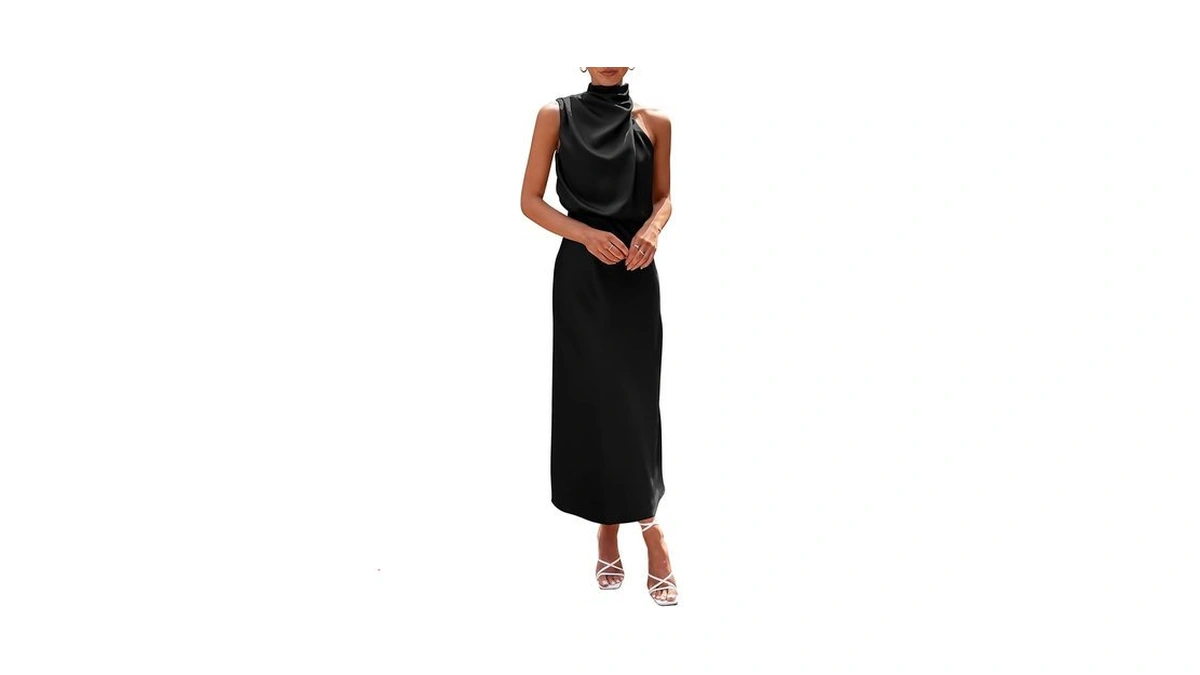 Prettygarden Women's 2026 Summer Satin Dress Elegant Sleeveless Mock Neck