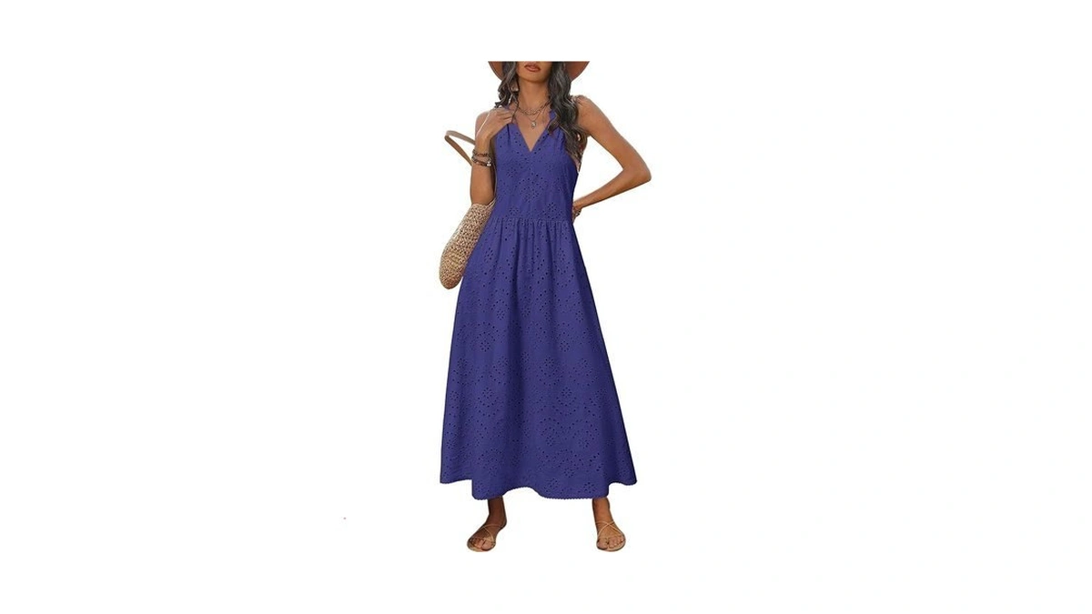 Newshows Cotton Hollow Out Eyelet A-line Summer Maxi Dress Dark