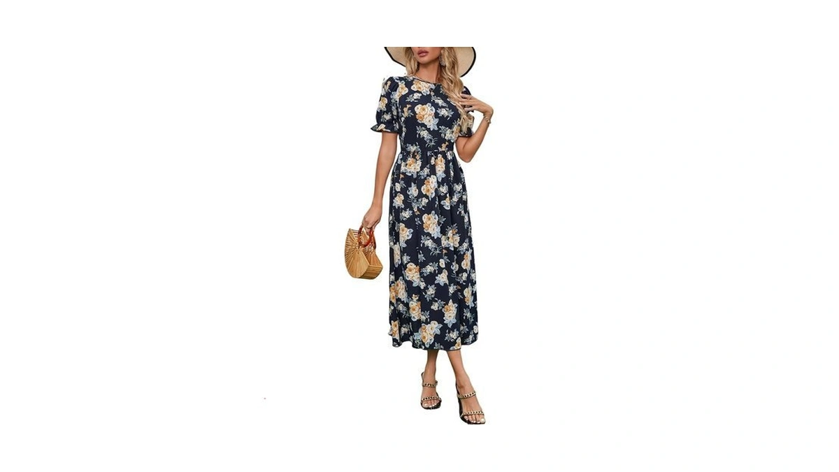Care Luck Women's Navy Blue Floral Print Maxi Dress, Short