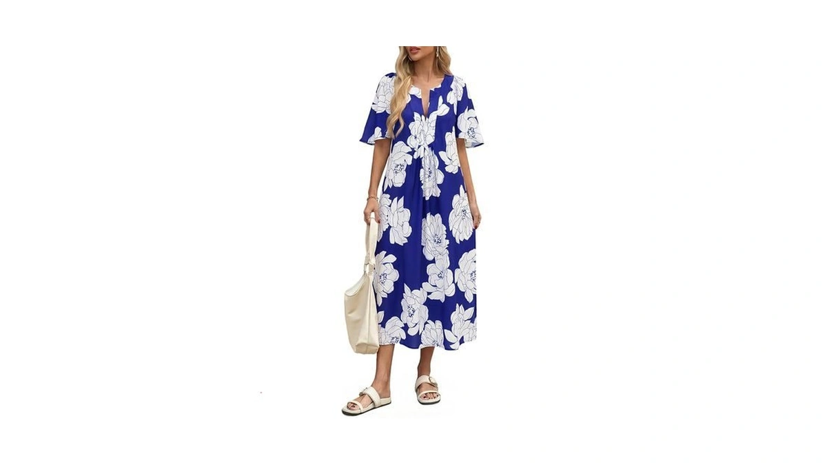 Wenrine Womens Flutter Short Sleeve Maxi Dress Casual Floral V