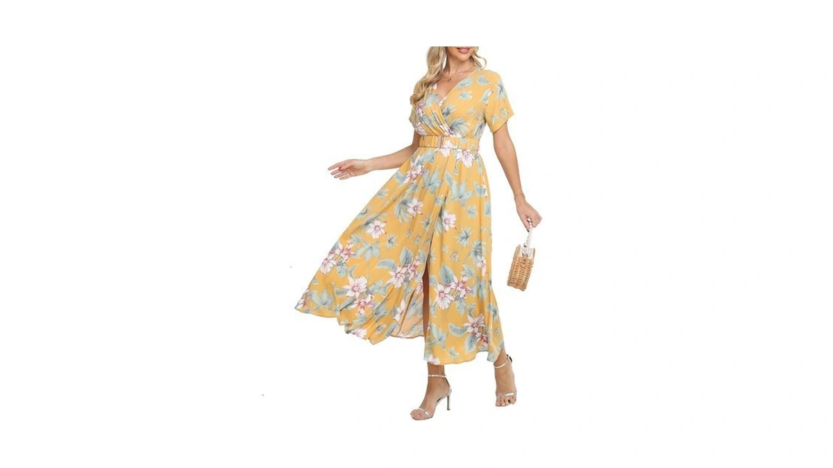 Vintageclothing Womens Floral V-neck Wrap Midi Dress Summer Maxi Dresses
