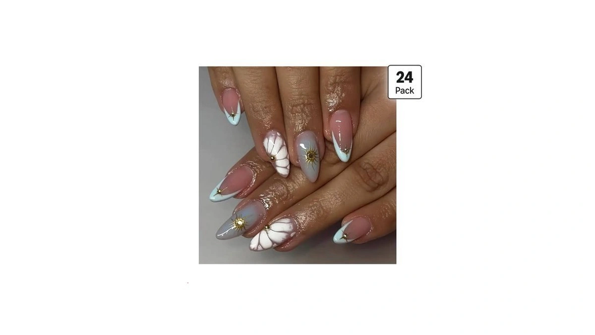 Votacos Light Blue French Tip Press On Nails Almond Medium