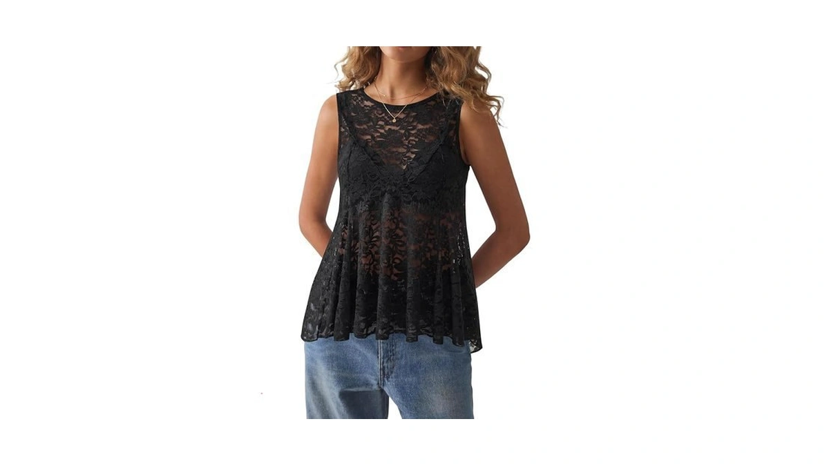 Rooscier Women's Floral Lace Sheer Ruffle Round Neck Sleeveless Sexy