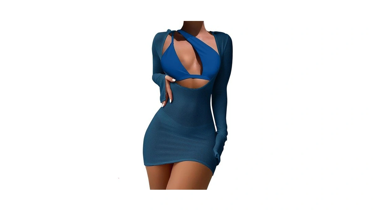 Lilosy Sexy Long Sleeve Fishnet Beach Cover Up String Tie
