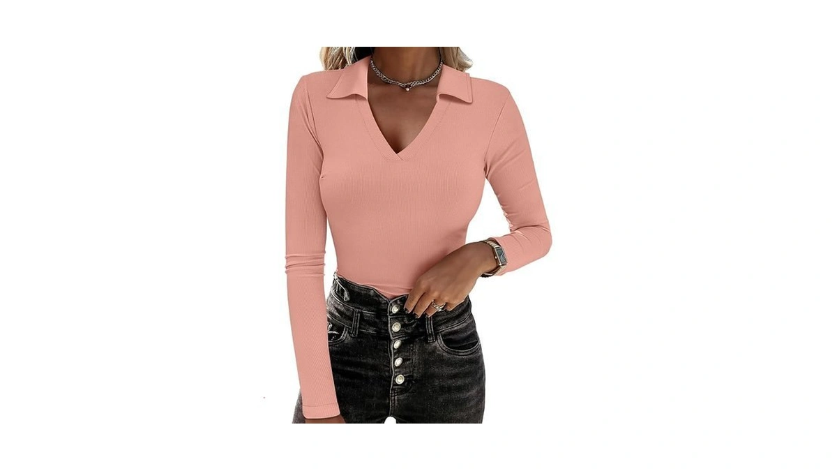 Anrabess Women Long Sleeve Polo Shirts V Neck Slim Rib