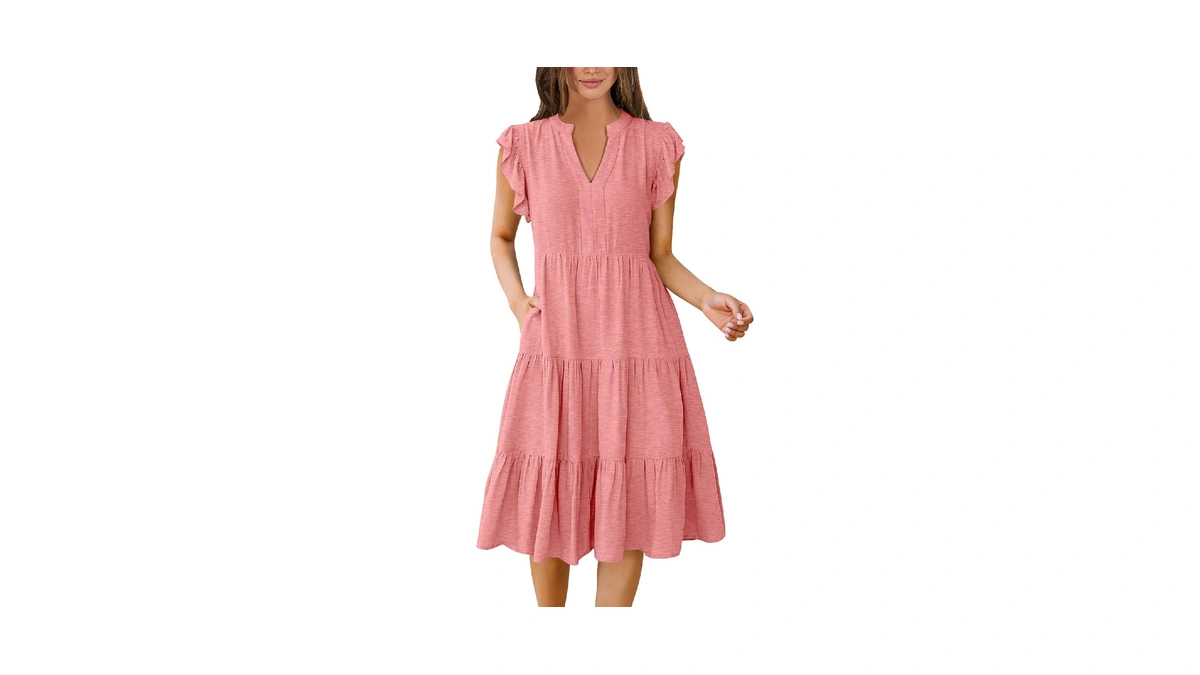 Anrabess Womens Summer Dress Ruffle Sleeve V Neck Midi Dresses