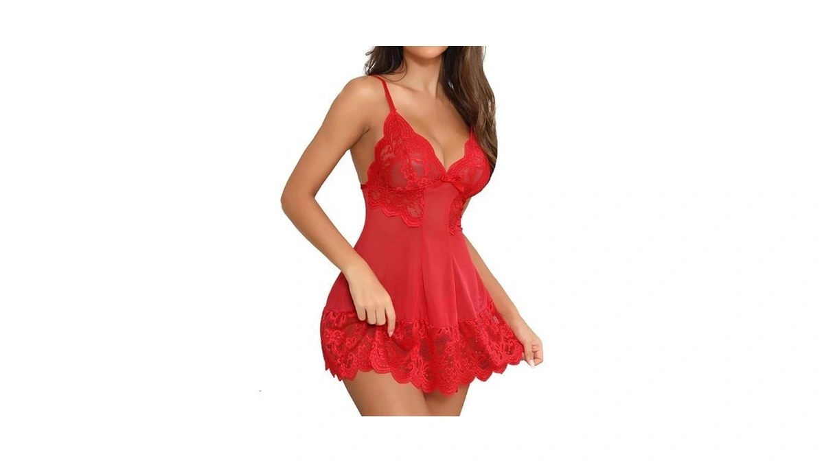 Aranmei Women's V-neck Lace Babydoll Lingerie & Thong Set, Mesh