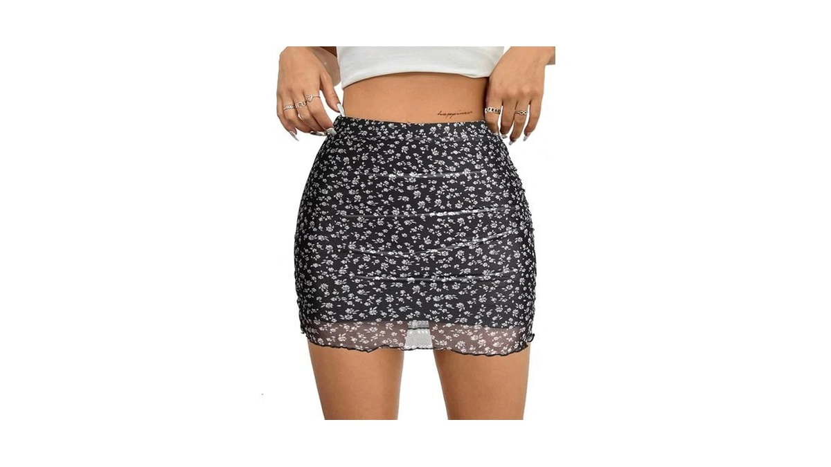 Avanova Women Ruched Mesh Mini Skirt Floral Going Out Black