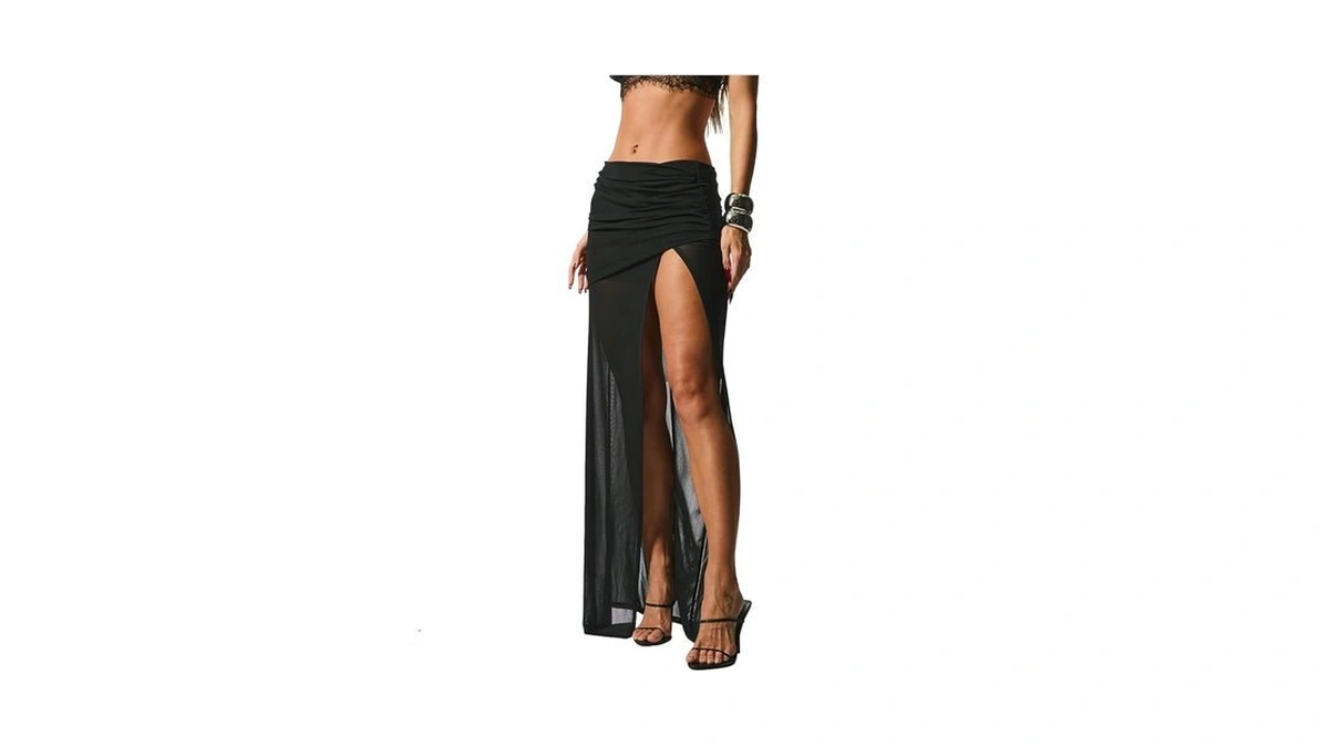 Milumia Women's Sexy Sheer Mesh Maxi Skirt Ruched Low Waisted