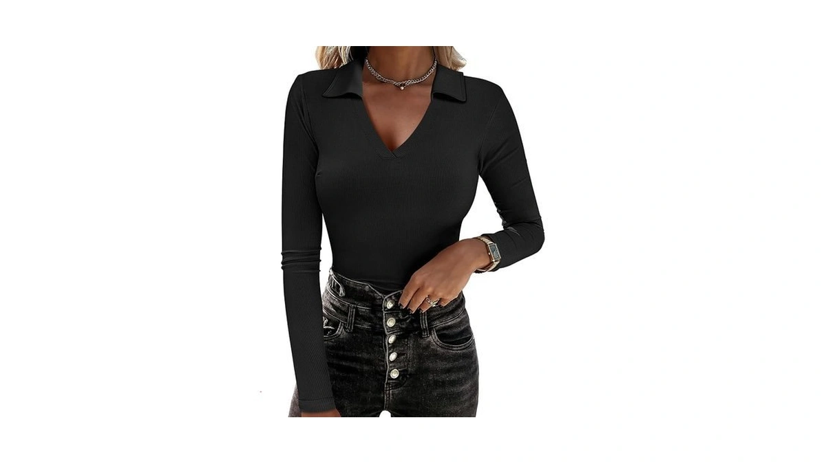 Anrabess Women Long Sleeve Polo Shirts V Neck Slim Rib