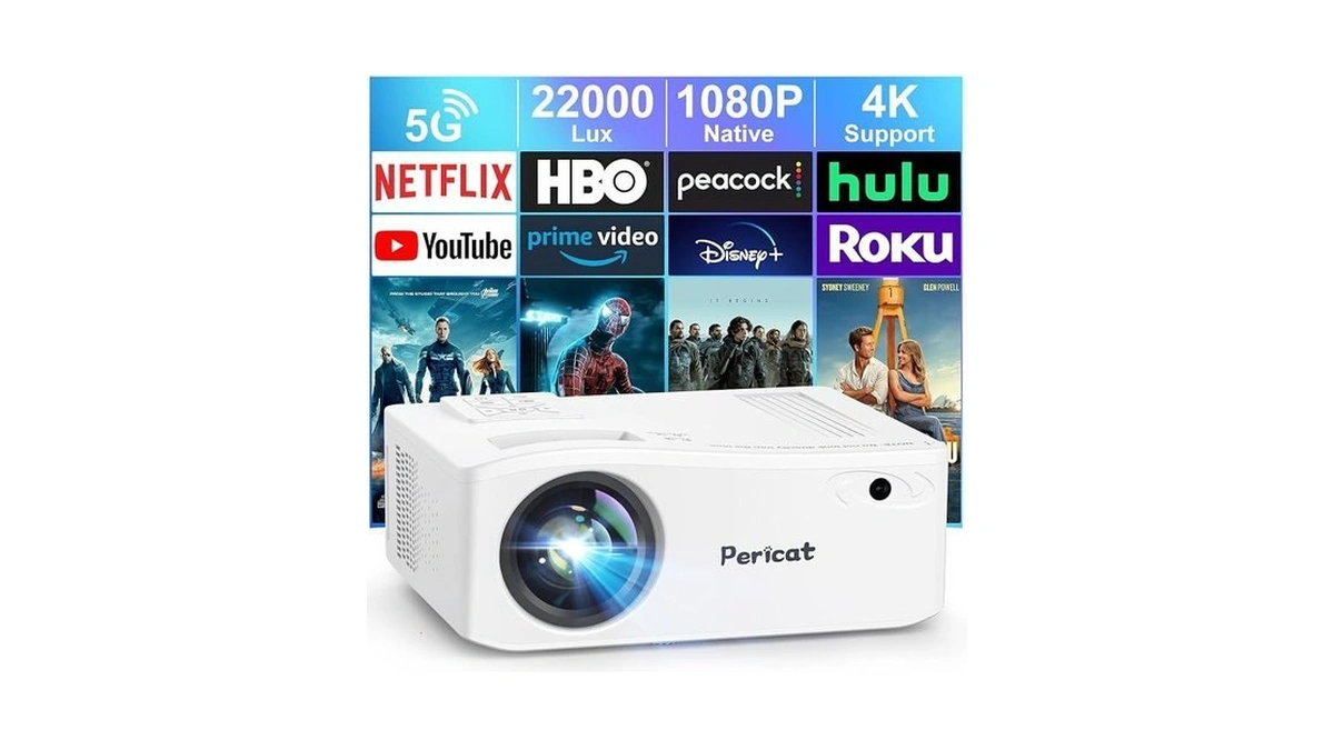Pericat 5g Wifi Bluetooth Projector, Native 1080p Movie Projector, Outdoor