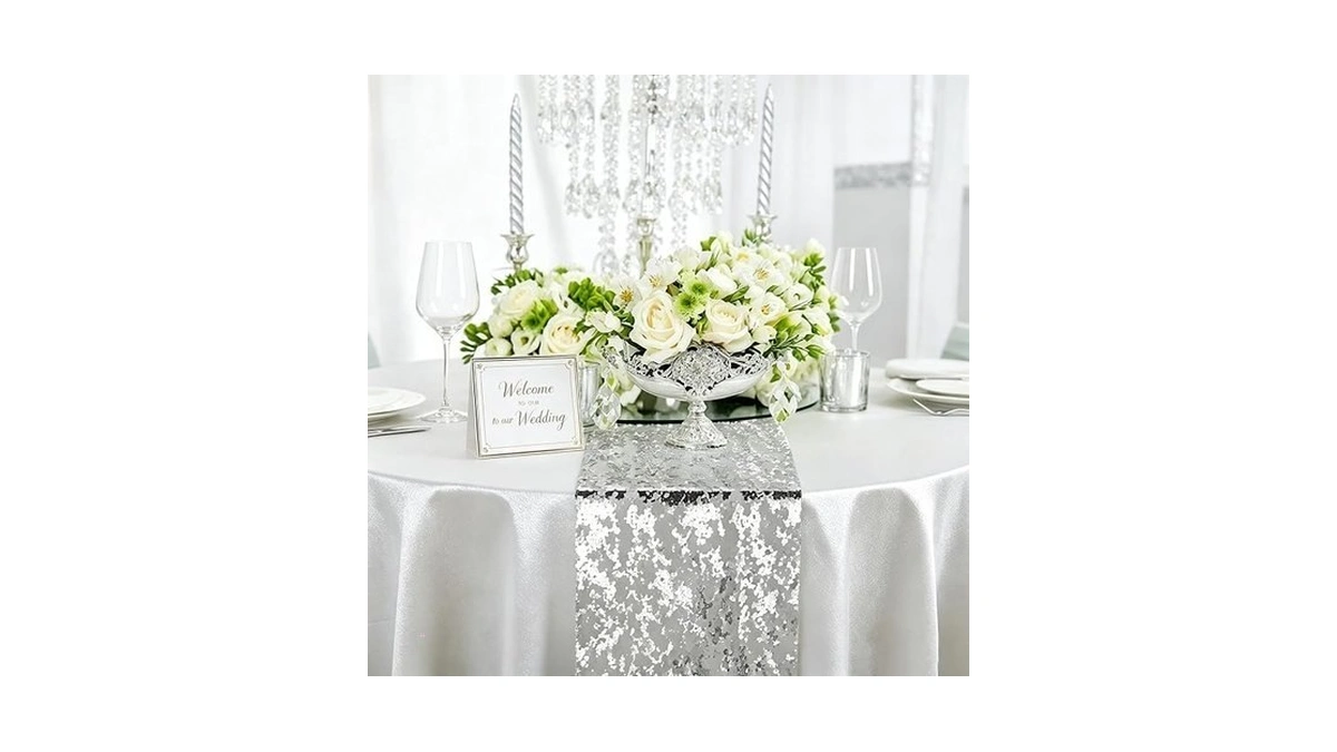 Tiosggd Silver Table Runner 11''x192'', Sequin Glitter Metallic Foil Thin