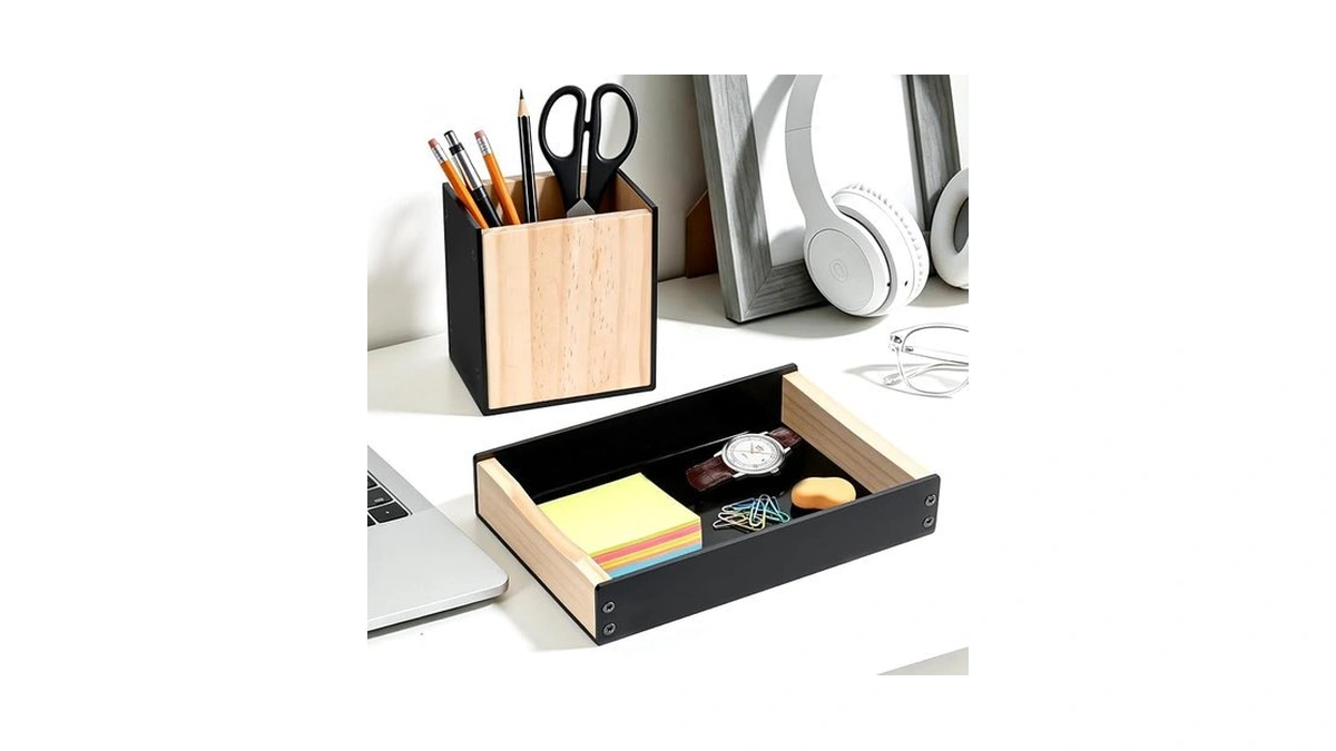 Tomkids Desk Tray With Pen Holder Set, Acrylic & Wooden