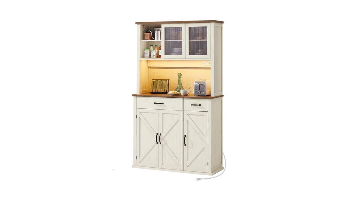 Vasagle Pantry Cabinet With Lights And Charging Station, Kitchen Storage