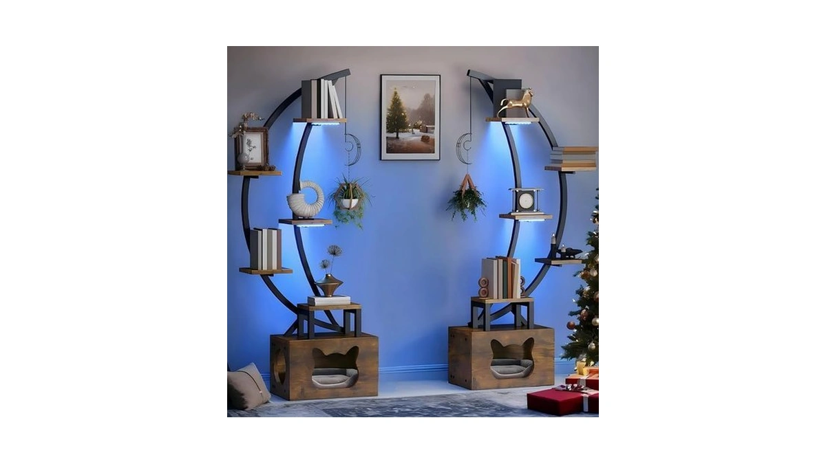 Dwvo Tall Bookshelf With Led Light, Artistically Designed Moon Arched