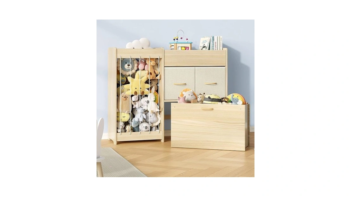 Experlam Toy Storage Organizer With Stuffed Animal Holder, Solid Wood