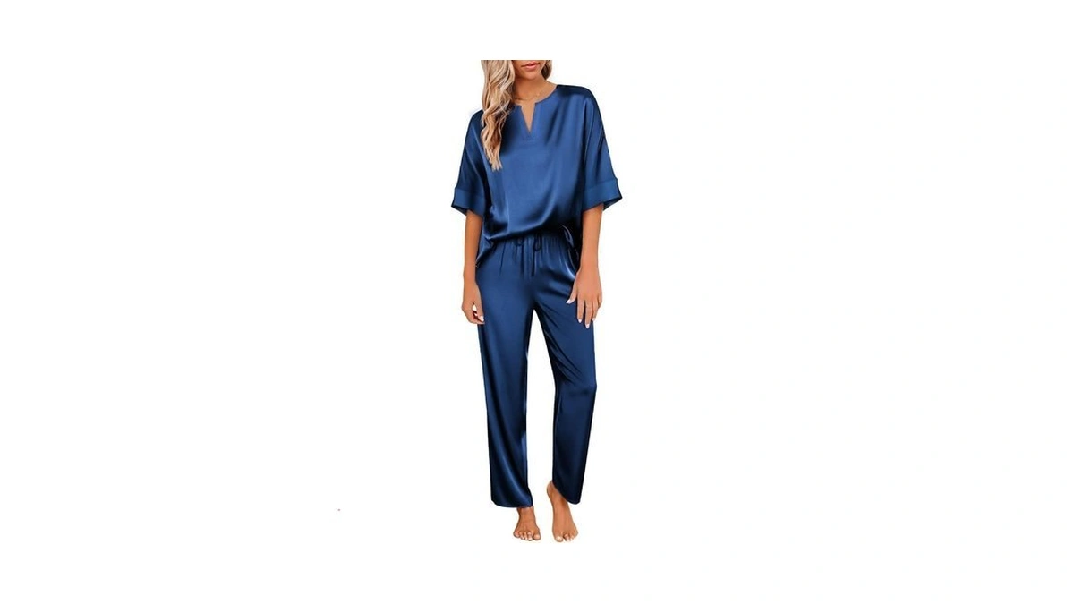 Ekouaer Satin Pajama Set Womens Silk Short Sleeve V Neck