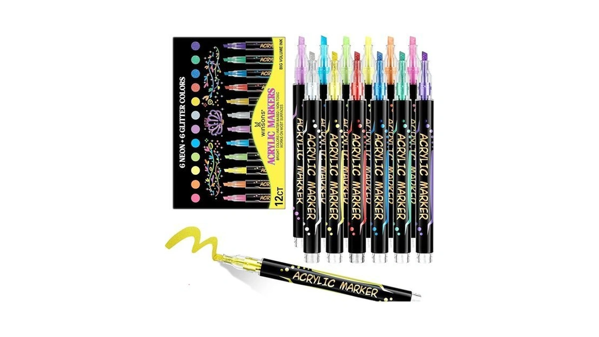 12 Colors Acrylic Paint Markers, 6 Glitter & 6 Neon