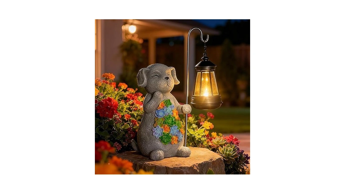 Solar Dog Garden Statue With Lantern – Waterproof Resin Outdoor