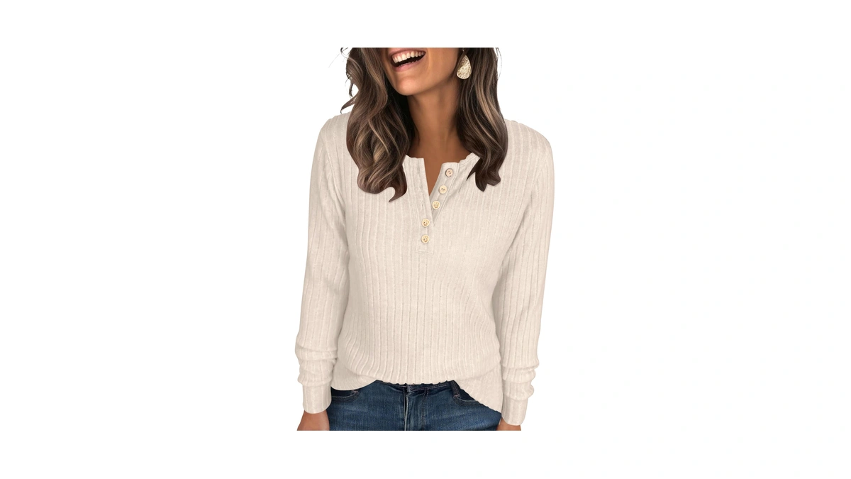 Anrabess Ribbed Long Sleeve Henley Shirts For Women,beige,xl