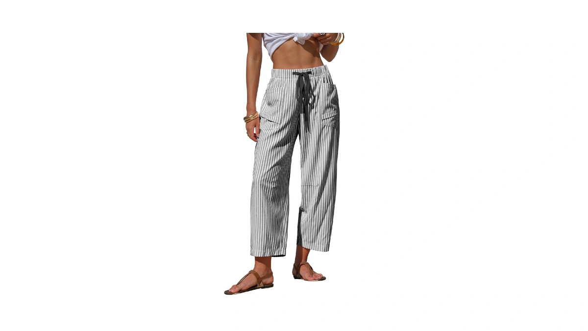 Exlura Womens Summer Faux Linen Striped Barrel Pants Comfy Drawstring