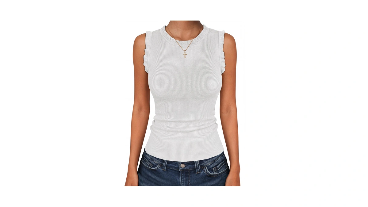 Anrabess Ribbed Tank Tops For Women Ruffle Style,white,medium