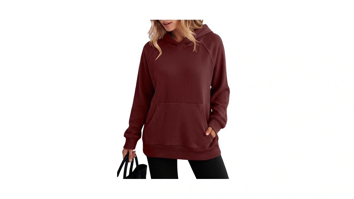Anrabess Womens Waffle Knit Oversized Hoodie Sweatshirts Wine Red M