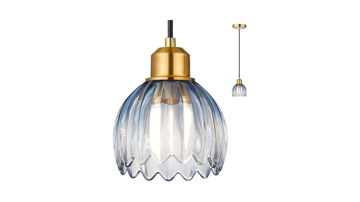Taloya Pendant Light With Blue Tulip Glass Lampshade, Brass Vintage