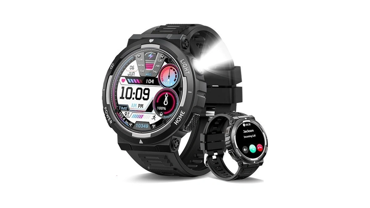 Foxhawk Military Smart Watch For Men With Led Flashlight, 1.53"