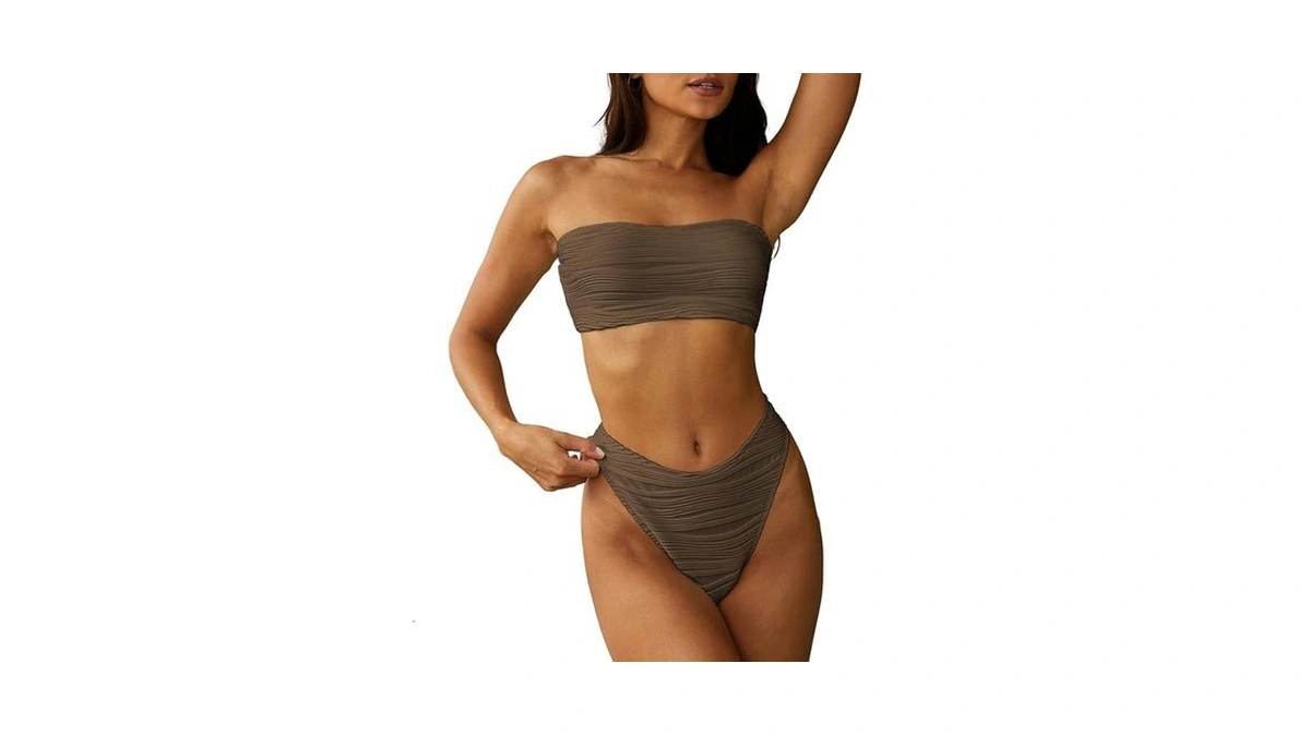 Zaful Women Strapless Textured Bandeau Bikini 2 Piece Swimwear Cheeky
